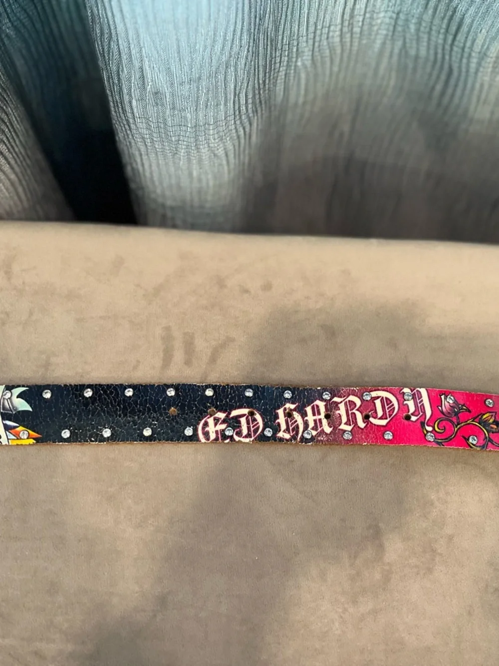 Ed Hardy Multicolored Floral Studded Leather Belt with Rhinestone Buckle Accent